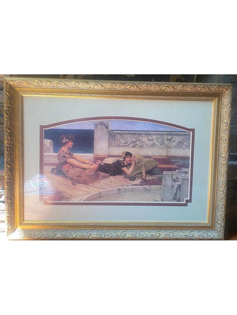 856 - Large Framed Classical Art Print Roman Terrace Scene Alma Tadema Style